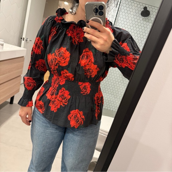 Adam Lippes Rose Print Off Shoulder Blouse - Picture 5 of 6